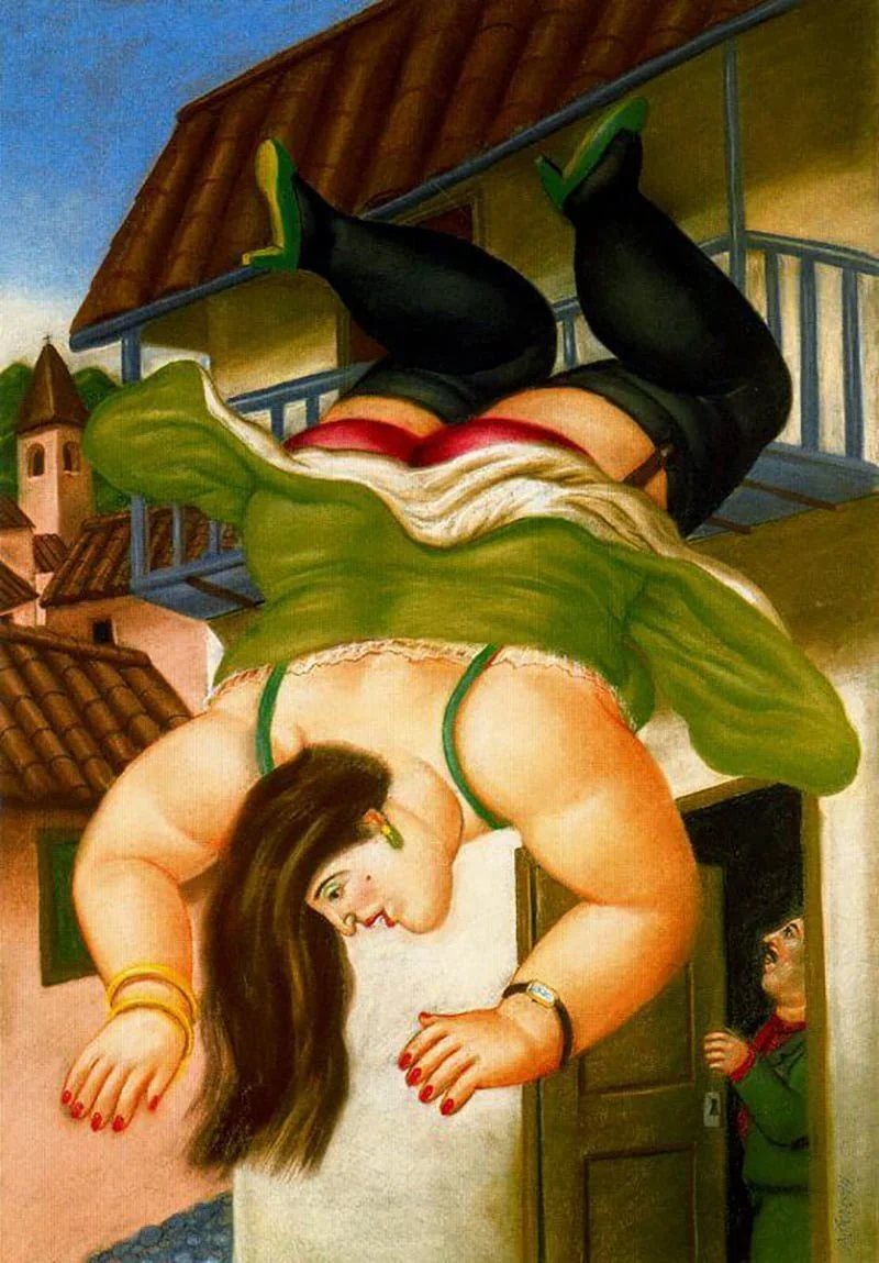 Fernando Botero - Women falling from balcony - Reprodukcije slikarjev, ročno naslikane stenske slike, olje na platnu, oljne slike, umetniške slike, moderne slike za na steno, ambientalne slike, abstraktne slike, dekorativne slike