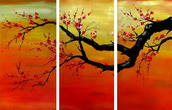 Japanese Cherry Blossoms III – red cherry blossoms on a dark branch over red-yellow gradient, hand-painted decorative triptych oil painting on canvas
