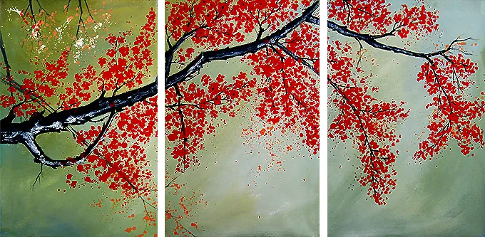 Japanische Kirschblüten I – rote Herbstblätter an dunklem Zweig über blassem Grüngrau, handgemaltes dreiteiliges Ölgemälde auf Leinwand