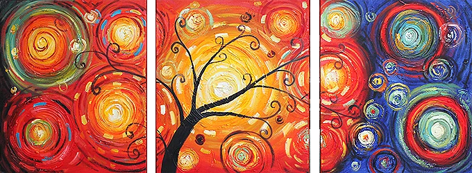 Joy I – dark tree with orange and blue spiral swirls, yellow sun, hand-painted decorative triptych oil painting on canvas