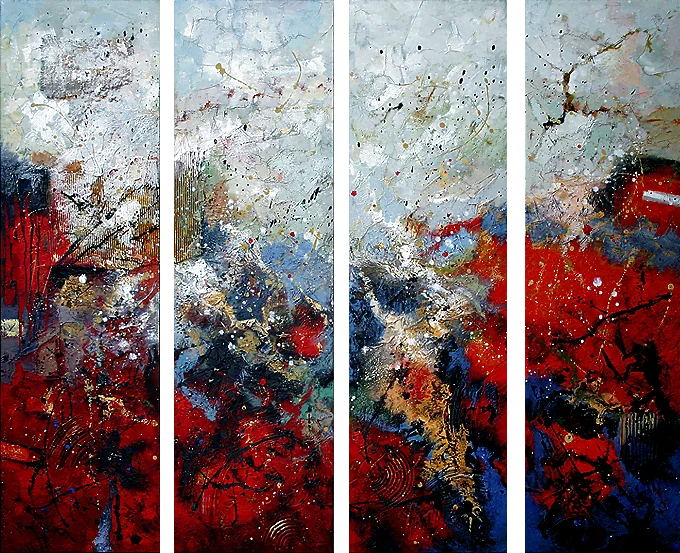 Stil – abstrakt, rote, blaue und weiße Spritzer mit strukturiertem Detail, handgemaltes modernes vierteiliges Ölgemälde auf Leinwand