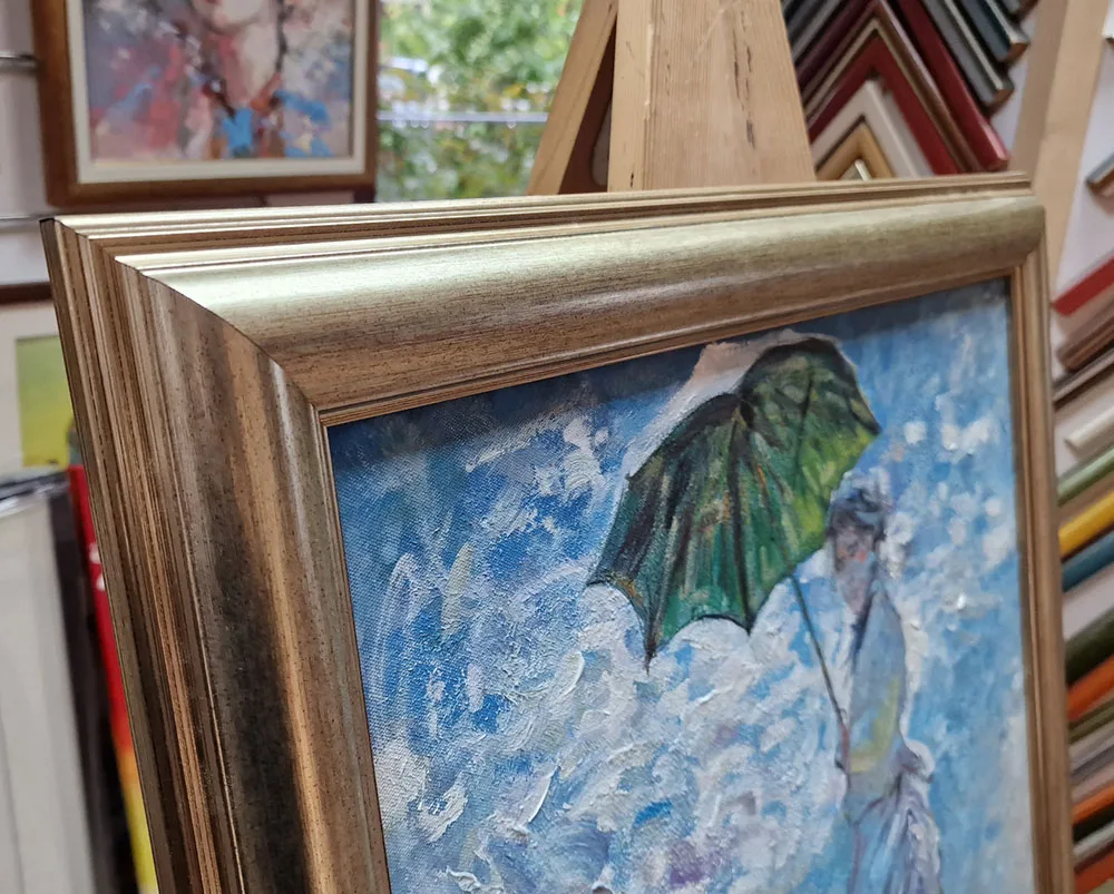 Claude Monet – Woman with a Parasol – corner of the gold moulding with the green parasol in the crop – hand-painted oil on canvas