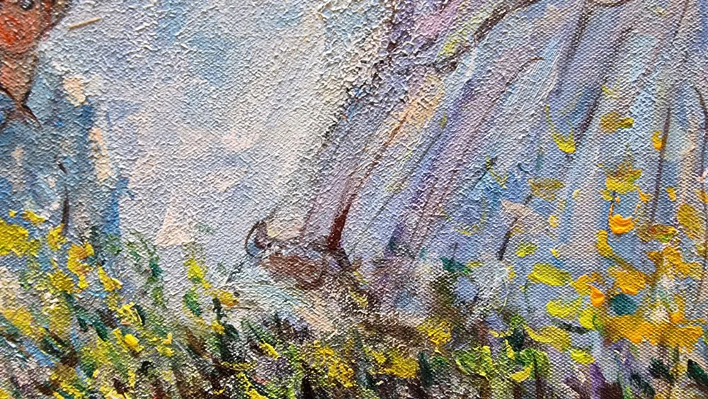 Claude Monet – Woman with a Parasol – surface close up, dense paint in the grass with yellow flowers – hand-painted oil on canvas