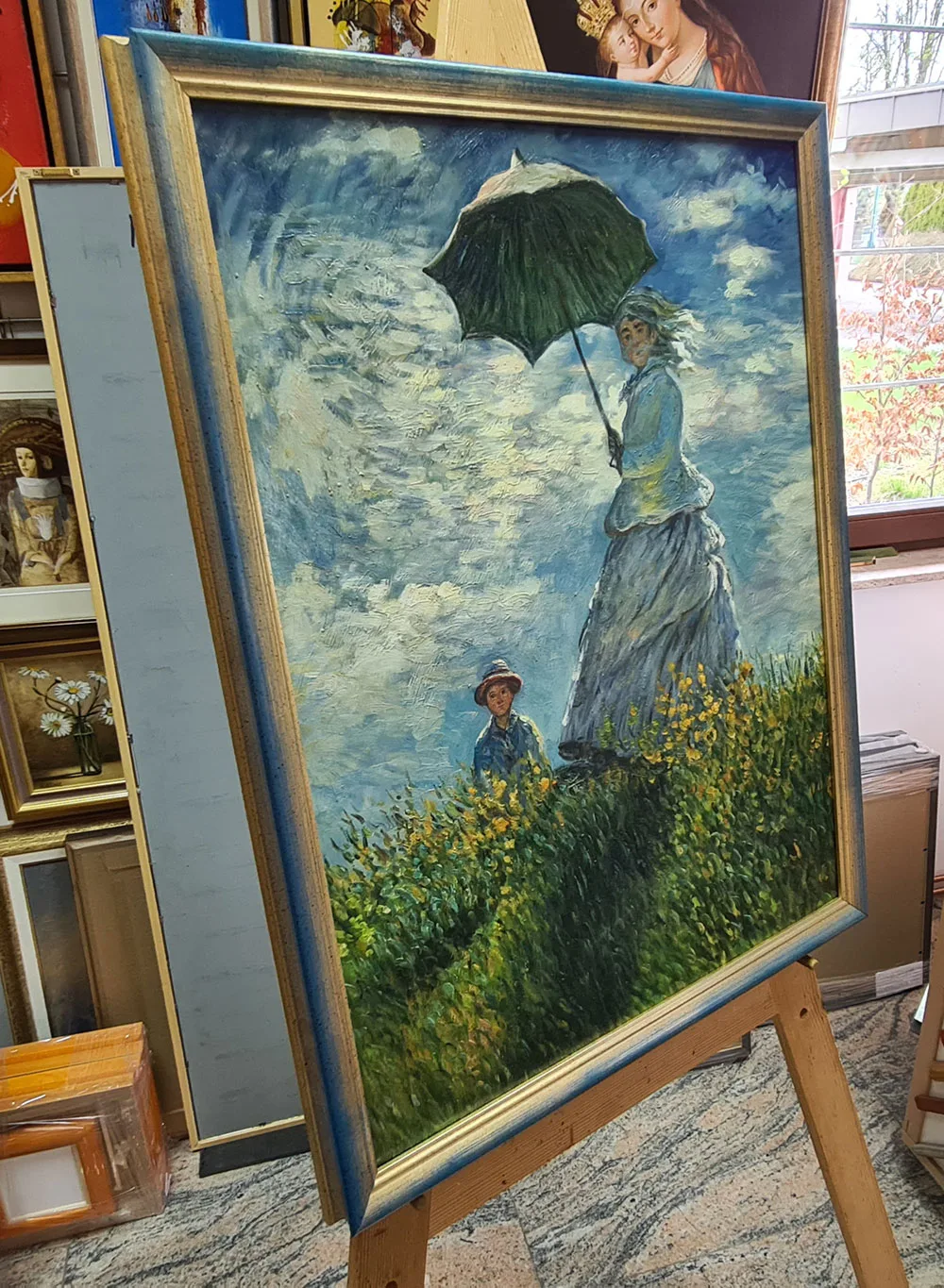 Claude Monet – Woman with a Parasol – on the easel beside the workshop window – hand-painted oil on canvas