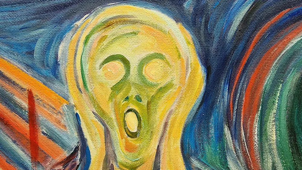 Krik – detalj glave Edvard Munch – Krik – makro snimka glave i poteza kista na ručno slikanoj slici