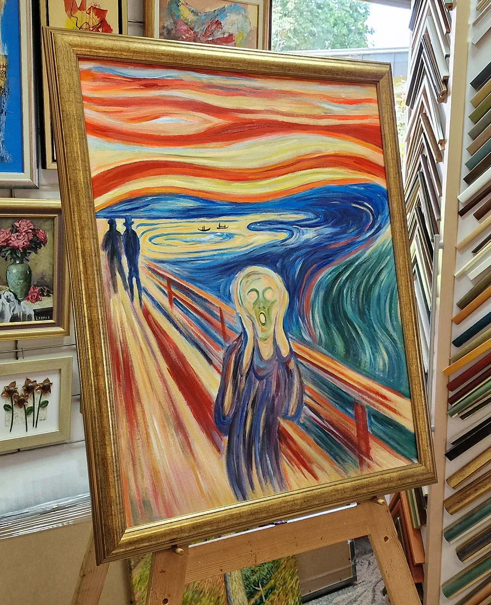 Krik – pogled pod kutom Edvard Munch – Krik – ručno slikana slika pod kutom, vidljiva dubina zlatnog okvira