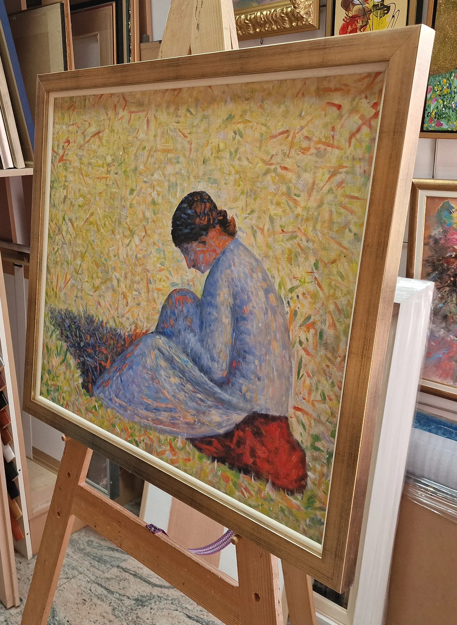 Georges Seurat - Kmečka ženska sedi v travi (Paysanne assise dans l'herbe) - ročno slikana reprodukcija - olje na platnu