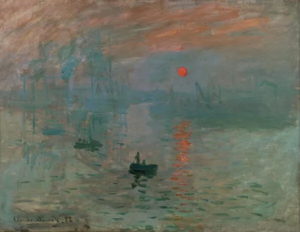 Claude Monet – Impresija, vzhod sonca – pristanišče ob zori, oranžno sonce nad morjem, umetniška slika na platnu, reprodukcija