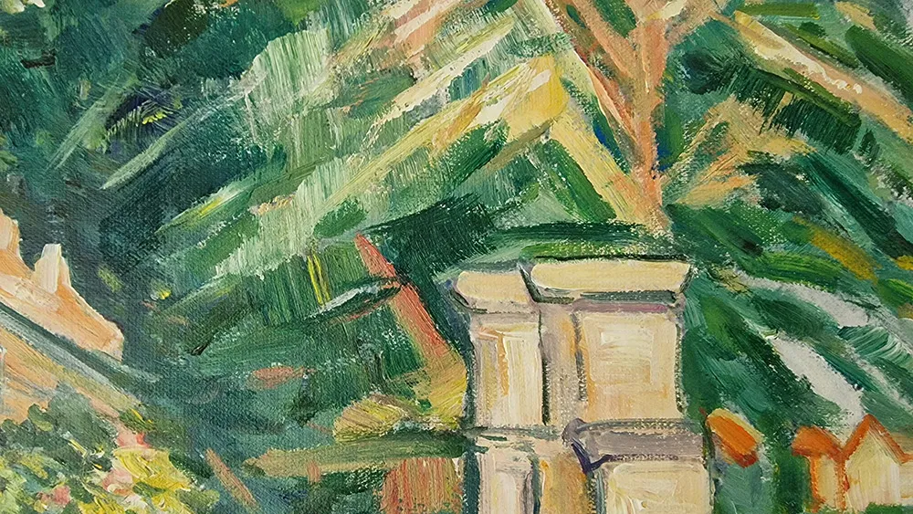 Fotografija naše ručno slikane reprodukcije – Jas de Bouffan, ribnjak, Paul Cézanne, izbliza, nanos uljane boje