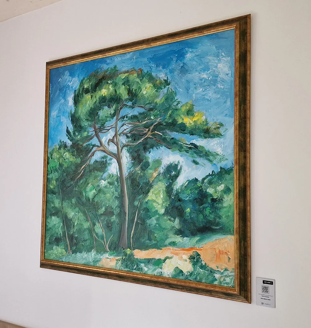 Paul-Cezanne-–-The-Great-Pine---reprodukcija-slike-3 Fotografija naše uljane slike na platnu – Veliki bor, Paul Cézanne, uokvirena na zidu, pogled sprijeda