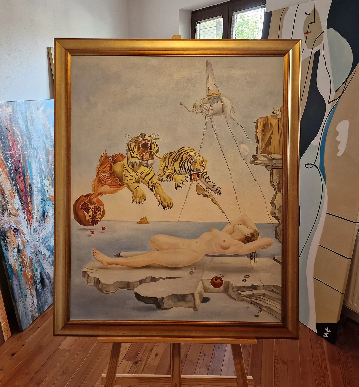 Salvador Dali - One Second Before Awakening from a Dream Caused by the Flight of a Bee Around a Pomegranate Salvador Dalí - One Second Before Awakening from a Dream Caused by the Flight of a Bee Around a Pomegranate - oil painting reproduction for the living room - on canvas