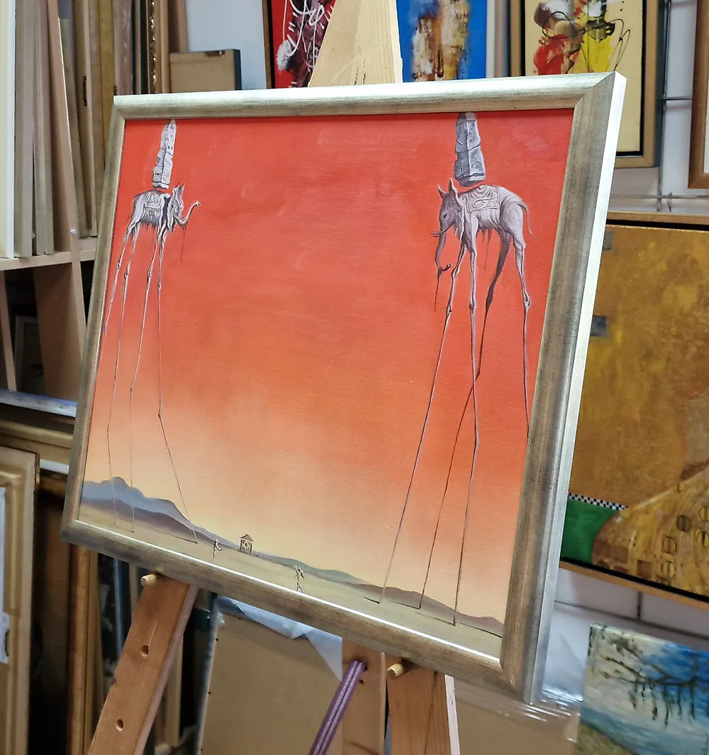 Salvador Dali - The Elephants - reprodukcija slike na platnu Salvador Dalí - Sloni - ročno slikana reprodukcija - olje na platnu