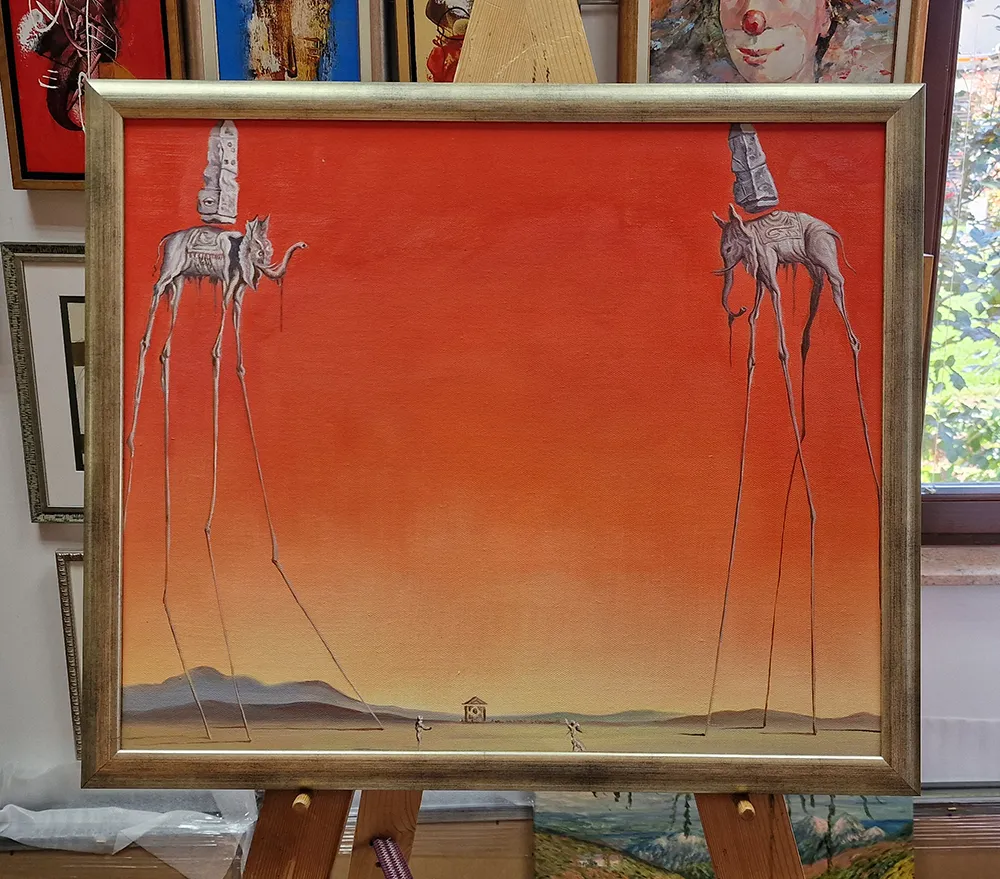 Salvador Dali - The Elephants - reprodukcija slike na platnu Salvador Dalí - Sloni - ročno slikana umetniška slika - olje na platnu