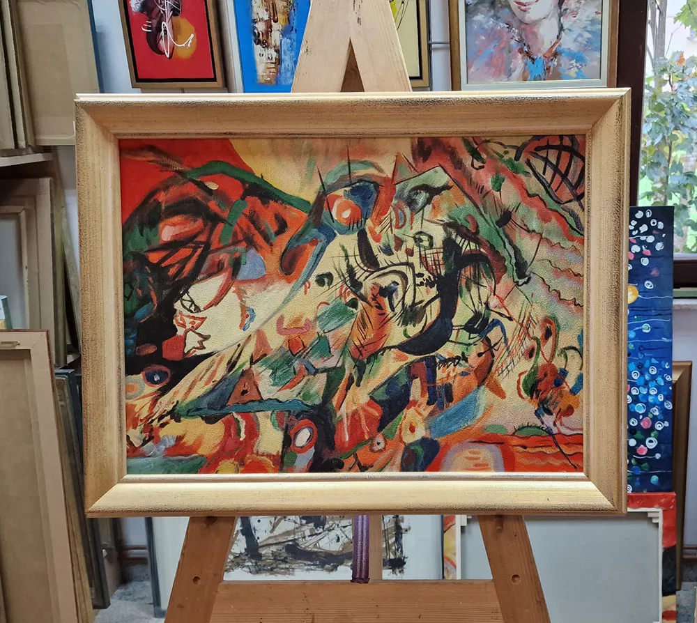 Wassily Kandinsky – handgemalte Reproduktion im Goldrahmen auf der Staffelei im Atelier, von vorn – Öl auf Leinwand