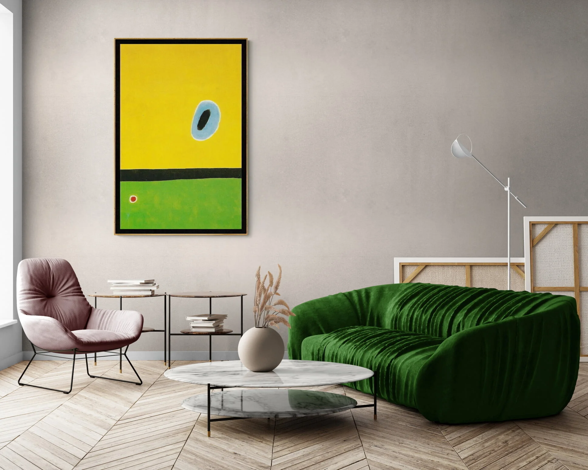Joan Miro – The Lark´s Wing, Encircled With Gold Blue - študija umetniške stenske slike na platnu Joan Miro – The Lark´s Wing, Encircled With Gold Blue - študija umetniške stenske slike na platnu