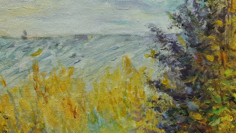 Claude Monet – A montgeron-i kert sarka – kézzel festett reprodukció, vászonkép fali dekoráció Claude Monet – A montgeron-i kert sarka – a felület közelről, az egyes vonások között látszik a vászon szövése – kézzel festett olaj vásznon