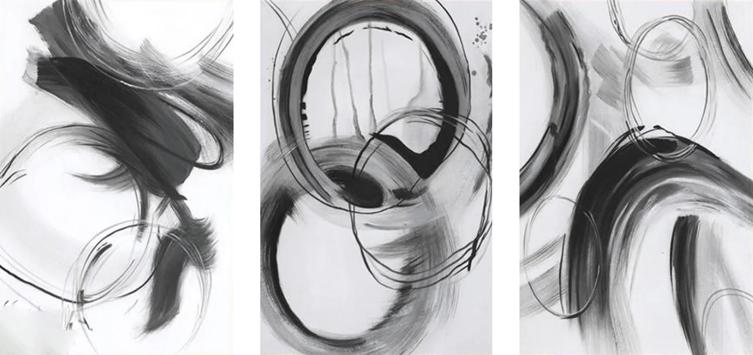 Zen Circles – loose black brushed circles and loops on white, hand-painted abstract triptych oil painting on canvas