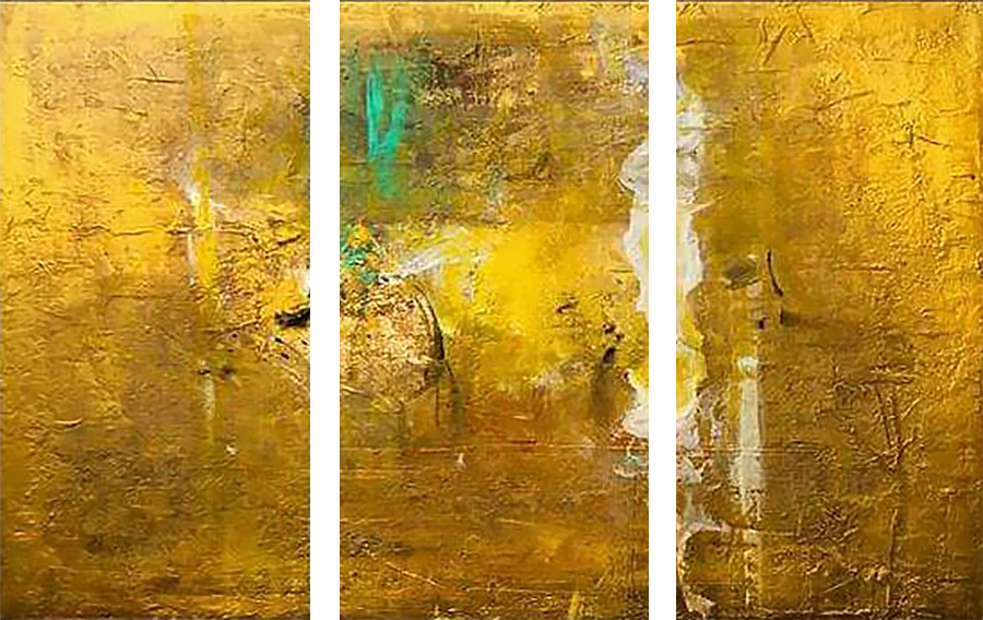 Goldenes Triptychon – goldgelbe strukturierte Abstraktion mit weißen Streifen, handgemaltes modernes dreiteiliges Ölgemälde auf Leinwand
