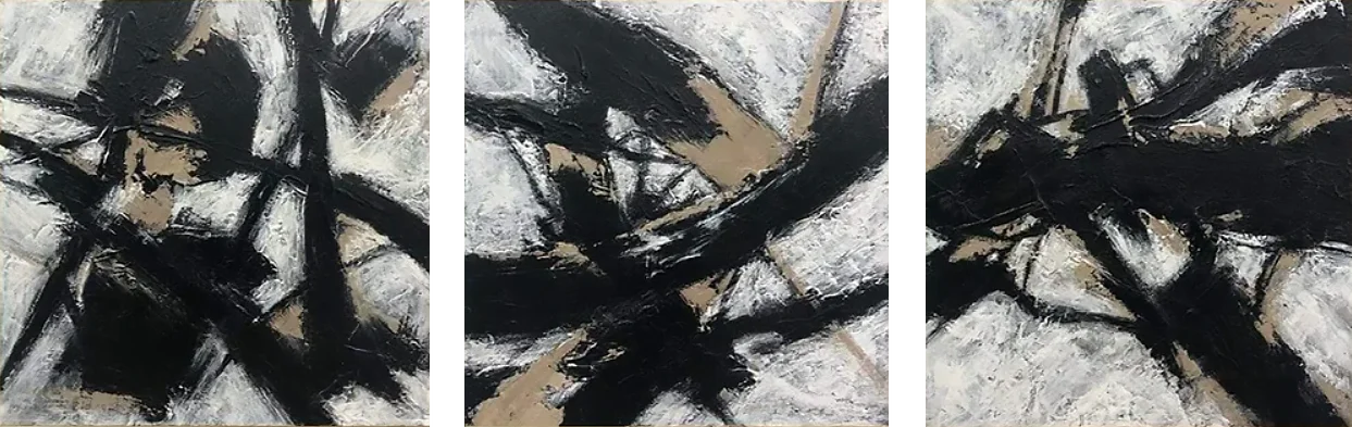 Dark Sweep – bold black brushstrokes on white with beige patches, hand-painted abstract triptych oil painting on canvas