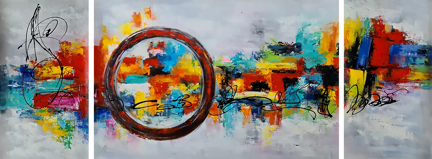 Colour Composition – colourful abstract patches with dark ring on grey-white, hand-painted decorative triptych oil painting on canvas