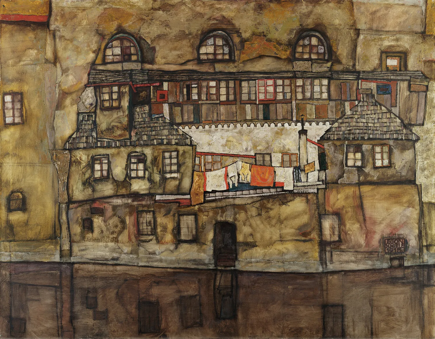 Egon Schiele - Muro di casa sul fiume - quadro su tela dipinto a mano - riproduzione