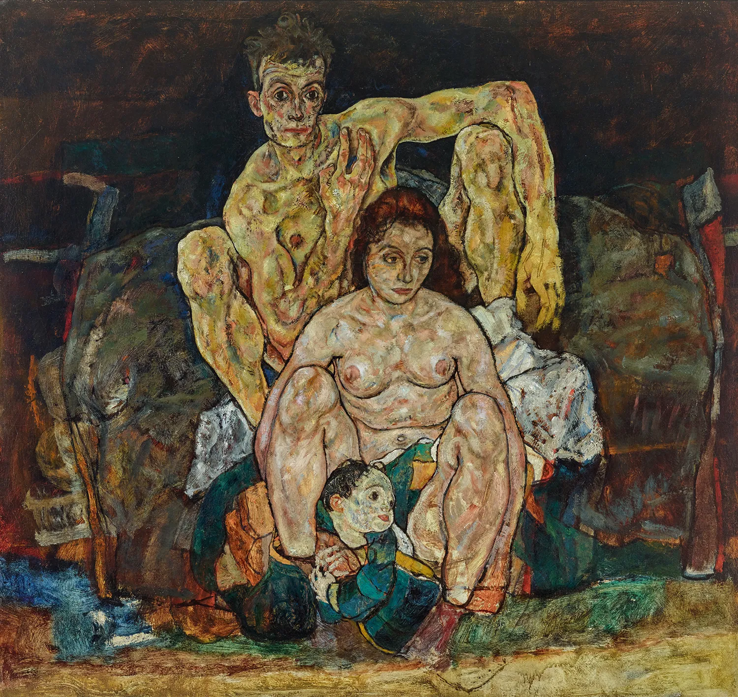 Egon Schiele - Počepujoč par (Družina) - umetniška slika na platnu - ročno slikana reprodukcija