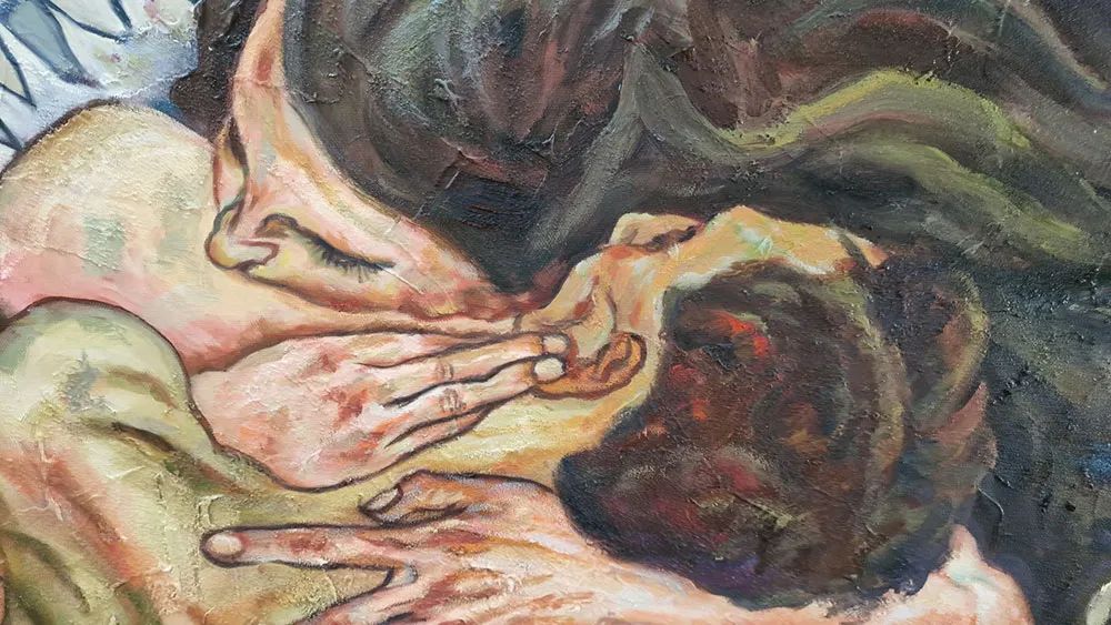 Egon Schiele - Az ölelés - Szeretők II - Die Umarmung (Szeretők II) kép reprodukció Egon Schiele – Az ölelés – Szerelmesek II – közeli részlet a festékdomborulatról és a szövetről – kézzel festett olaj lenvásznon