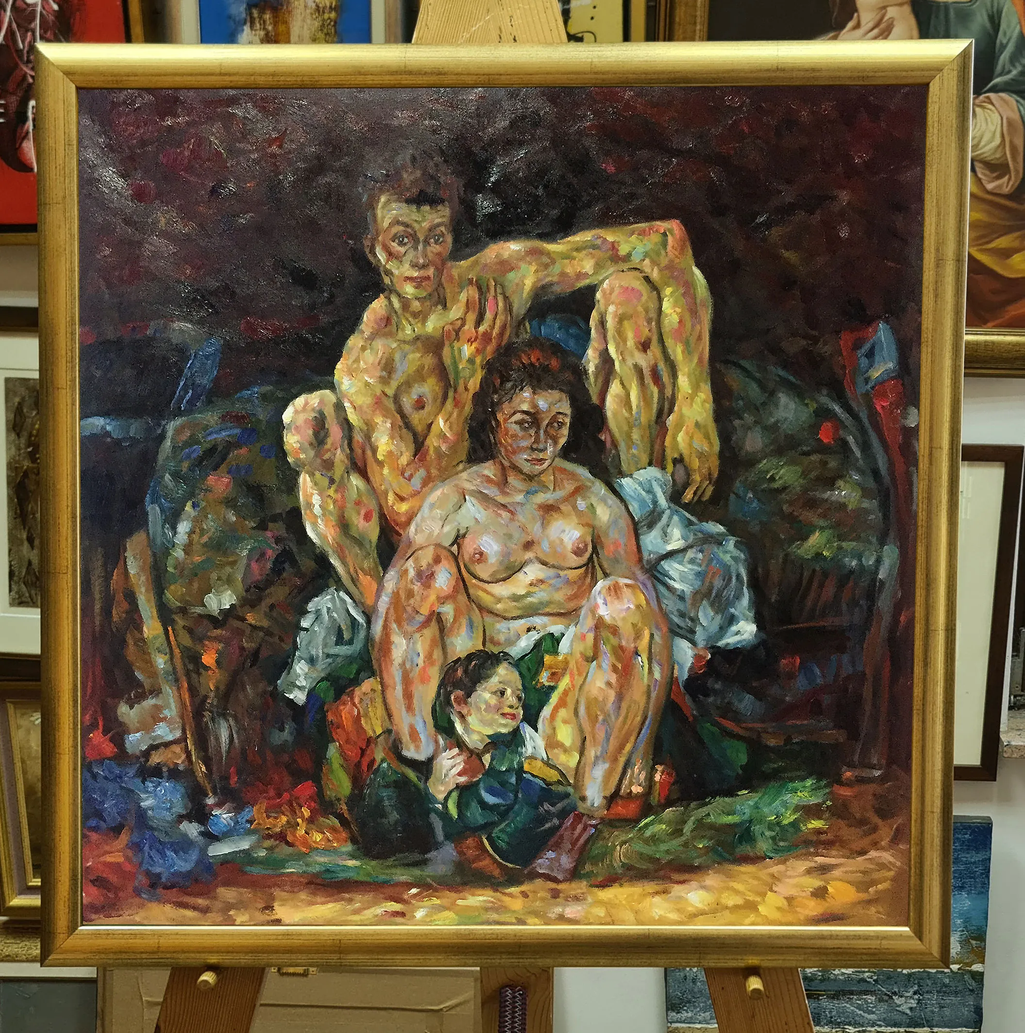 Egon Schiele - Počepujoč par (Družina) - ročno slikana umetniška slika - olje na platnu
