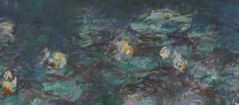Claude Monet – The Water Lilies – Green Reflections – hand-painted oil painting reproduction on canvas, wall art Claude Monet – The Water Lilies – Green Reflections – close view of the painted surface with the blossoms laid on thickly – hand-painted oil on canvas
