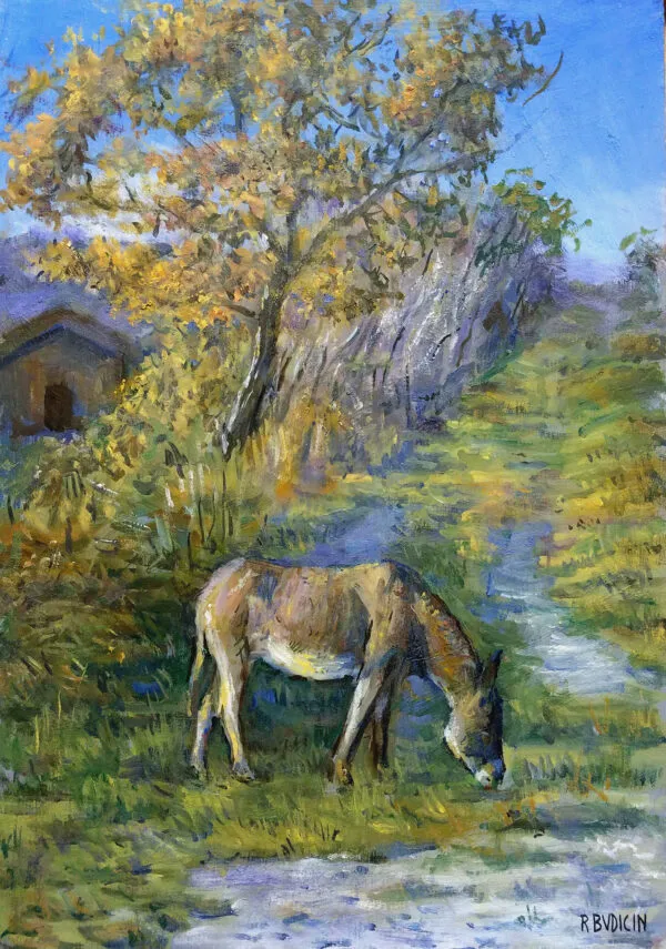 Roberto Budicin - Donkey at sunset - umetniška slika na platnu - ročno slikana reprodukcija