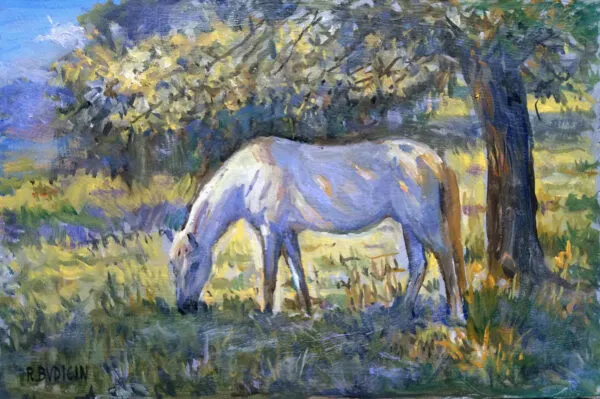 Roberto Budicin - Horse Grazing - umetniška slika na platnu - ročno slikana reprodukcija