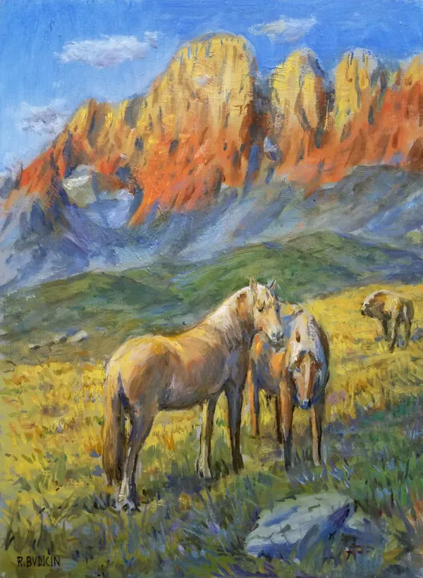 Roberto Budicin - Mountain horses - ročno slikana umetniška slika - olje na platnu