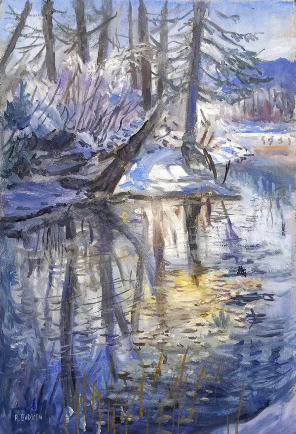 Roberto Budicin - Snow around the lake - kézzel festett művészi festmény - olaj vásznon