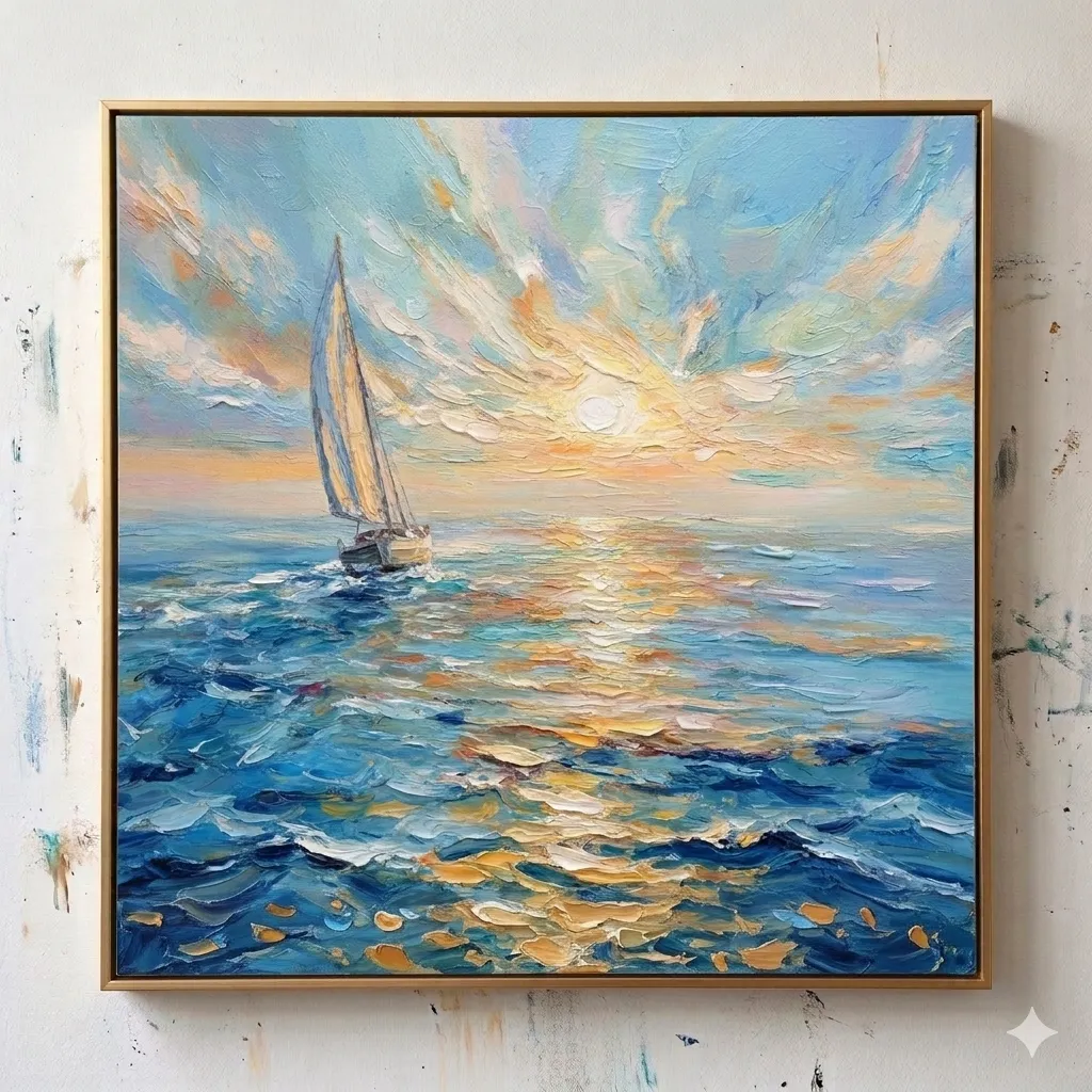 Quadri moderni - E420 Quadro decorativo - Barca a vela all'alba - quadro su tela dipinto a mano per il soggiorno - riproduzione