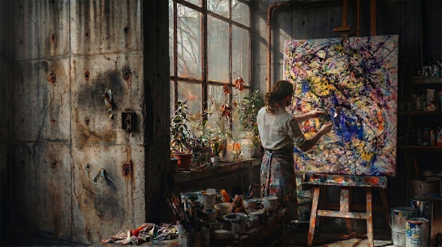 slikar izdeluje umetniško sliko na platnu
