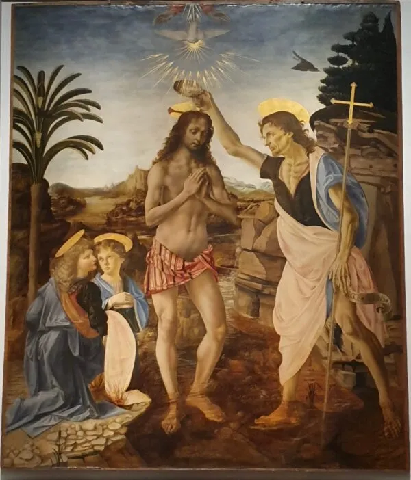 Verrocchio und Leonardo da Vinci – Die Taufe Christi – handgemalte Reproduktion auf Leinwand