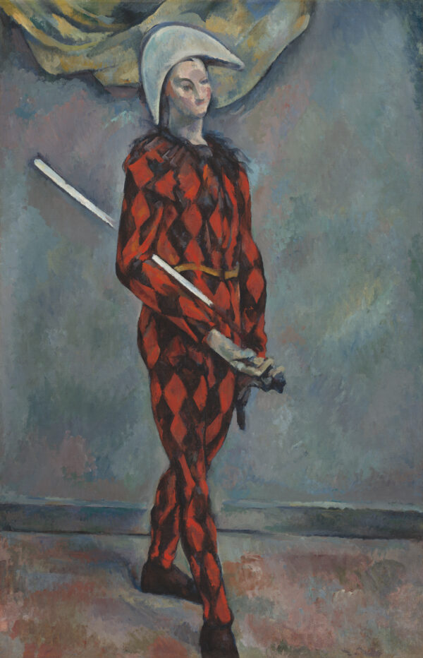Harlequin in a red and black costume holding a baton, Paul Cézanne, 1888–1890