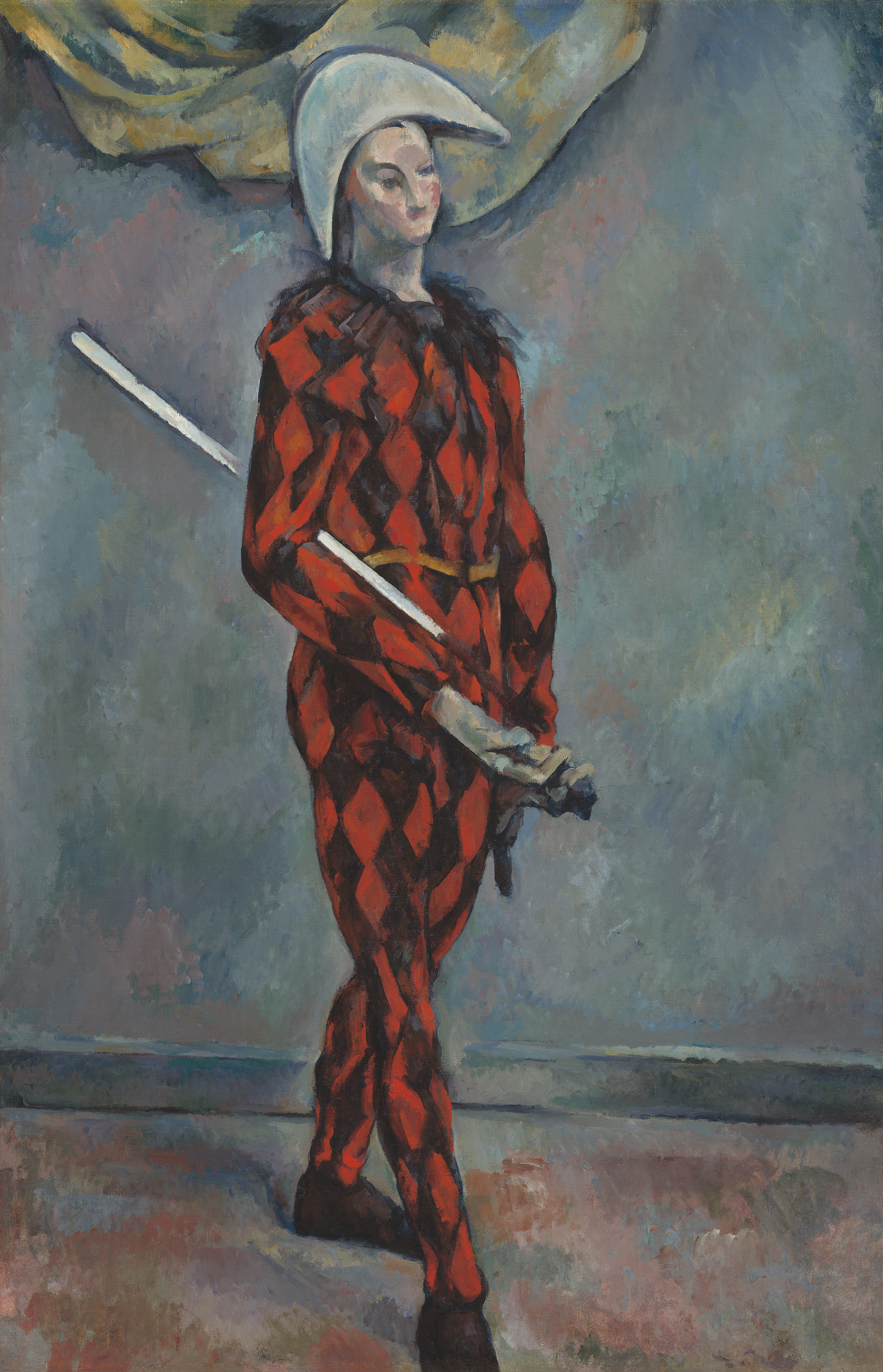 Harlequin in a red and black costume holding a baton, Paul Cézanne, 1888–1890