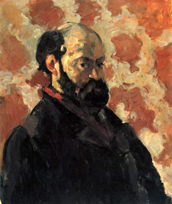 A festő fedetlen fővel, sötét szakállal és fekete kabátban, világos indamintás rózsaszín tapéta előtt, Paul Cézanne, 1875 körül