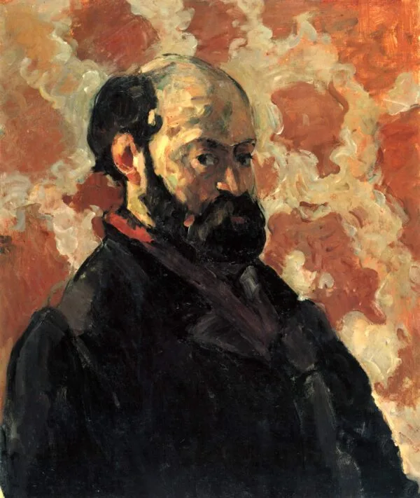 Paul Cézanne – Autoritratto su fondo rosa. Il pittore a capo scoperto, con barba scura e giacca nera, davanti a una carta da parati rosa con chiari motivi a voluta, Paul Cézanne, 1875 circa, riproduzione dipinta a mano
