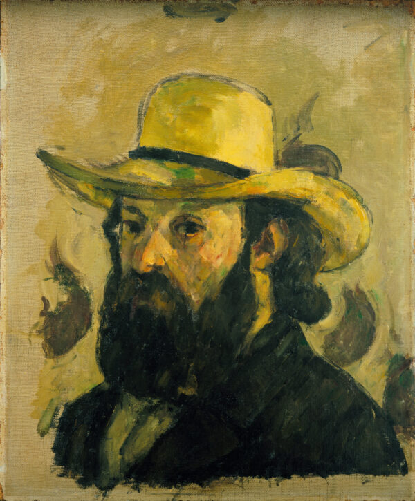 The painter in a broad yellow straw hat with a thick dark beard before olive wallpaper with large floral motifs, Paul Cézanne, 1878-1879