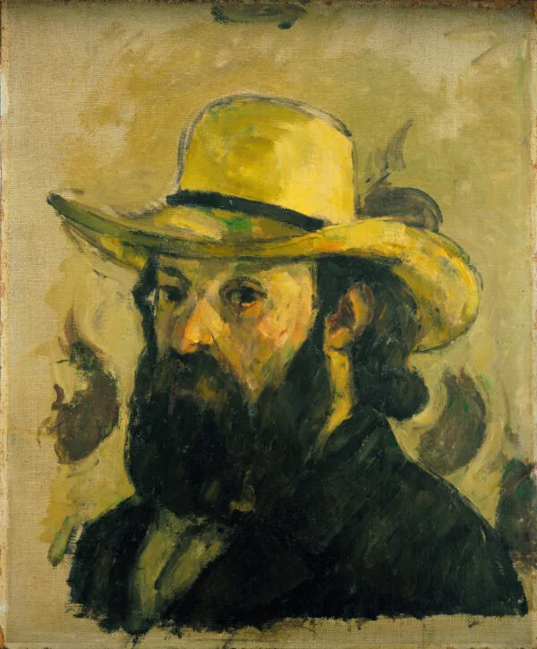 Paul Cézanne – Autoritratto con cappello di paglia. Il pittore con un ampio cappello di paglia giallo e folta barba scura davanti a una carta da parati oliva a grandi motivi floreali, Paul Cézanne, 1878-1879, riproduzione su tela dipinta a mano