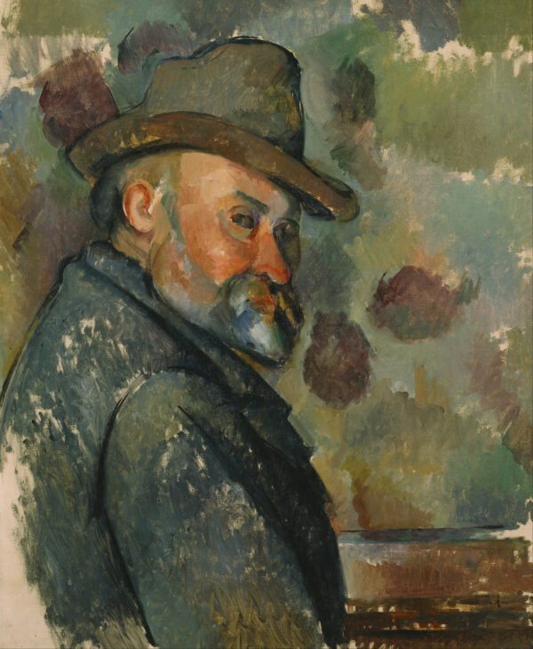 The painter in a soft hat with a turned-down brim, grey-green beard and dark blue coat before a mottled wall, Paul Cézanne, 1894