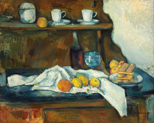 Still life with a buffet, white cloth, bottle and fruit, Paul Cézanne, 1877–1879