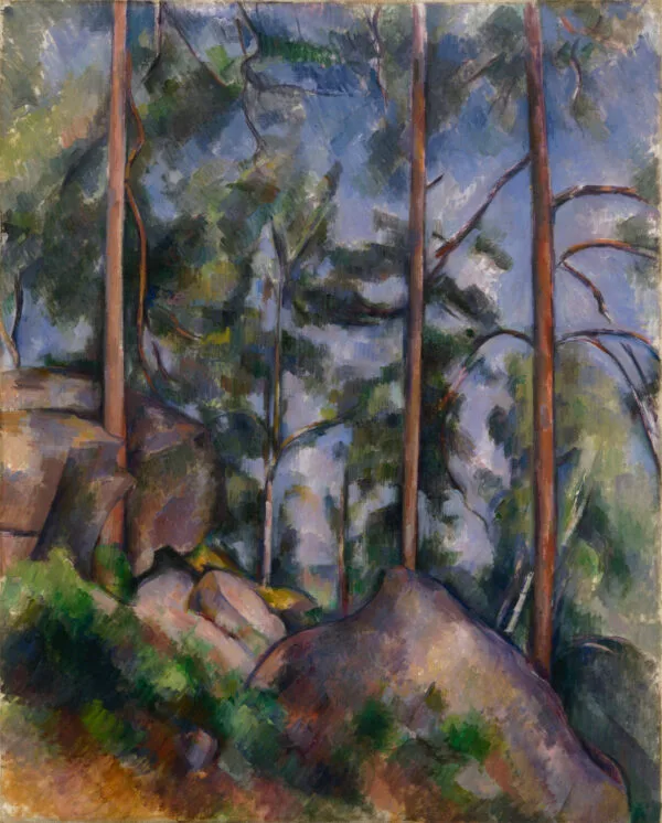Paul Cézanne – Pini e rocce (Fontainebleau?). Tre tronchi di pino spogli salgono per tutta l'altezza della tela davanti a una parete di fogliame blu-verde; in basso stanno grandi rocce ocra e rosate, e fra di esse il sottobosco si insinua nel verde, riproduzione su tela dipinta a mano