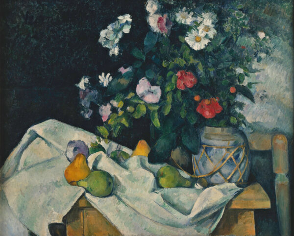 A bouquet of white, red and pink flowers in a blue-and-white ginger jar set in woven cane, pears on a white cloth, Paul Cézanne, about 1890