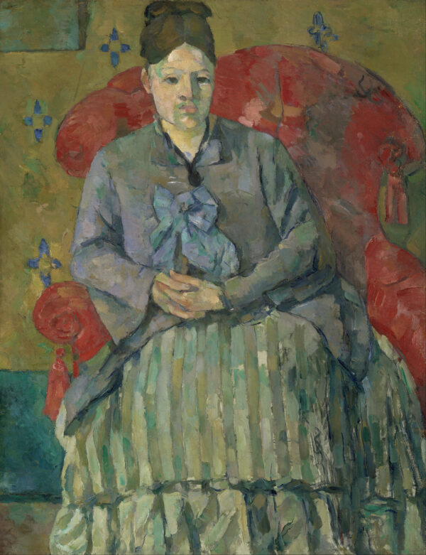 A seated woman in a blue-grey bodice and striped skirt in a red armchair with tassels, behind her wallpaper with blue lozenges, Paul Cézanne, about 1877