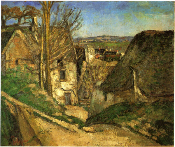Ovinek poljske poti med kmečkimi hišami s slamnatimi strehami, gola drevesa levo, v ozadju zelena dolina in nizko hribovje pod modrim nebom, spodaj levo rdeč podpis P. Cezanne, Paul Cézanne, okoli 1873