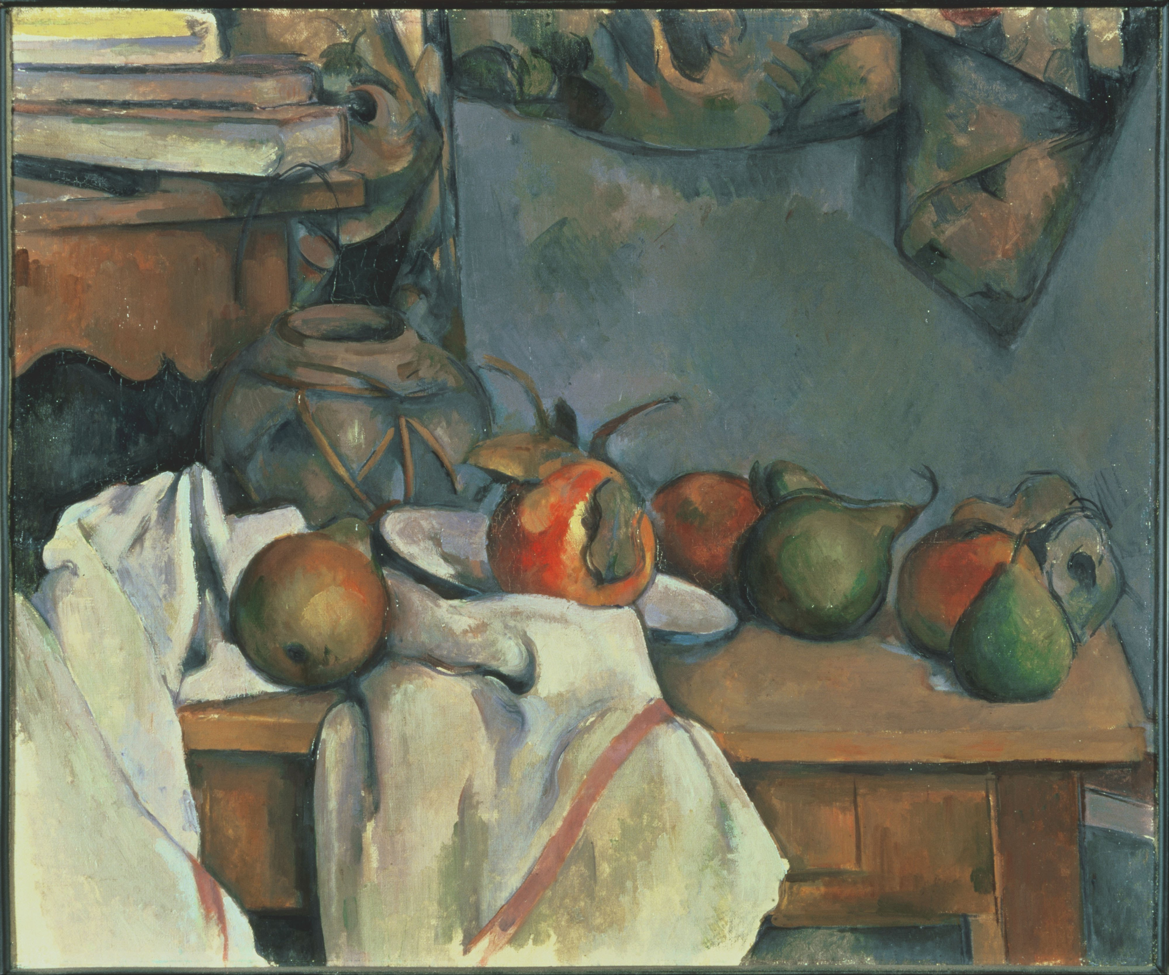 A straw-wrapped ginger pot, a pomegranate and pears on a white cloth with a red stripe, Paul Cézanne, 1890–1893