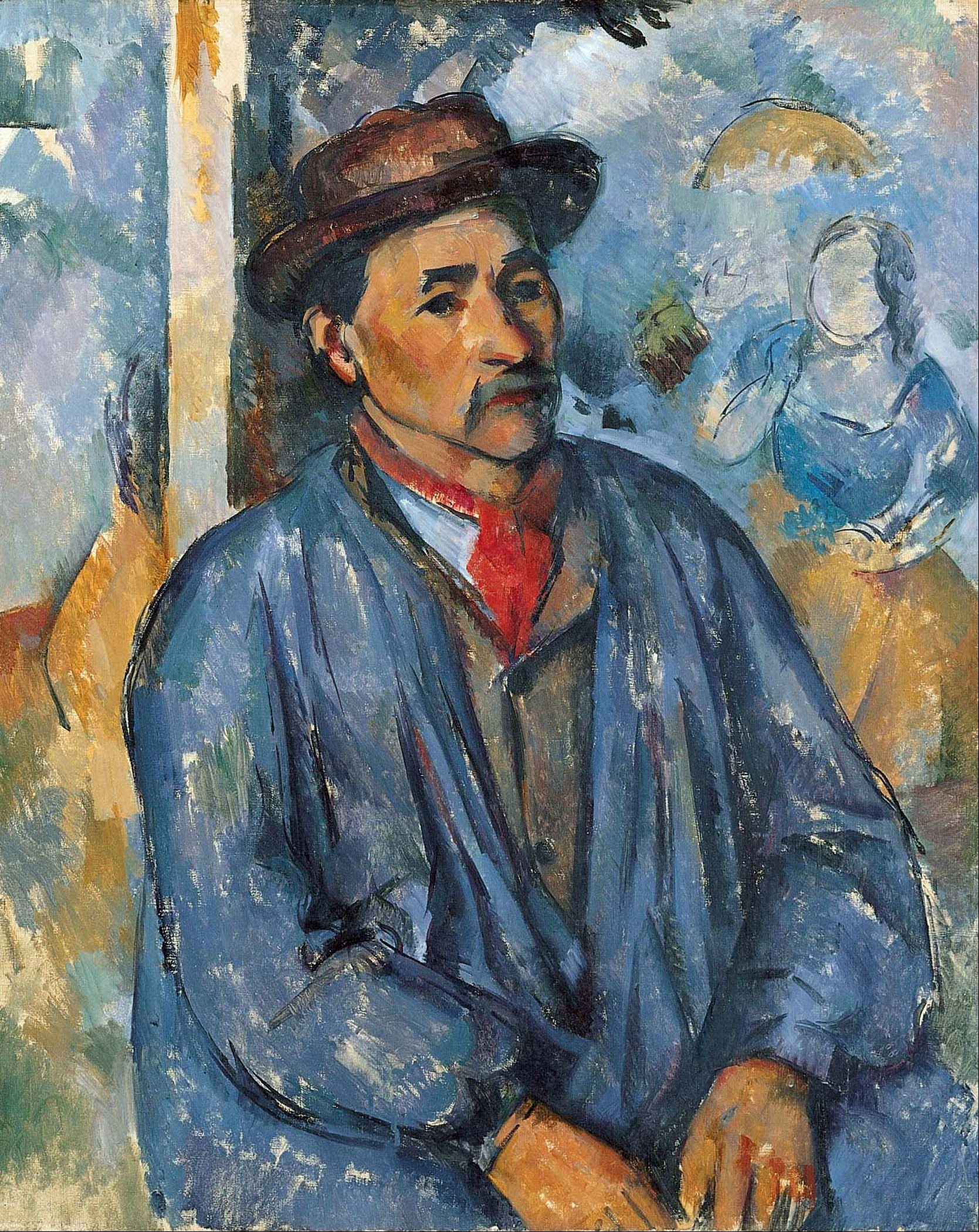 Sedeči moški v ohlapni modri halji, z rdečo ruto ob odprtem ovratniku in rjavim mehkim klobukom, za njim zložljiv paravan s poslikano žensko figuro, Paul Cézanne, okoli 1897